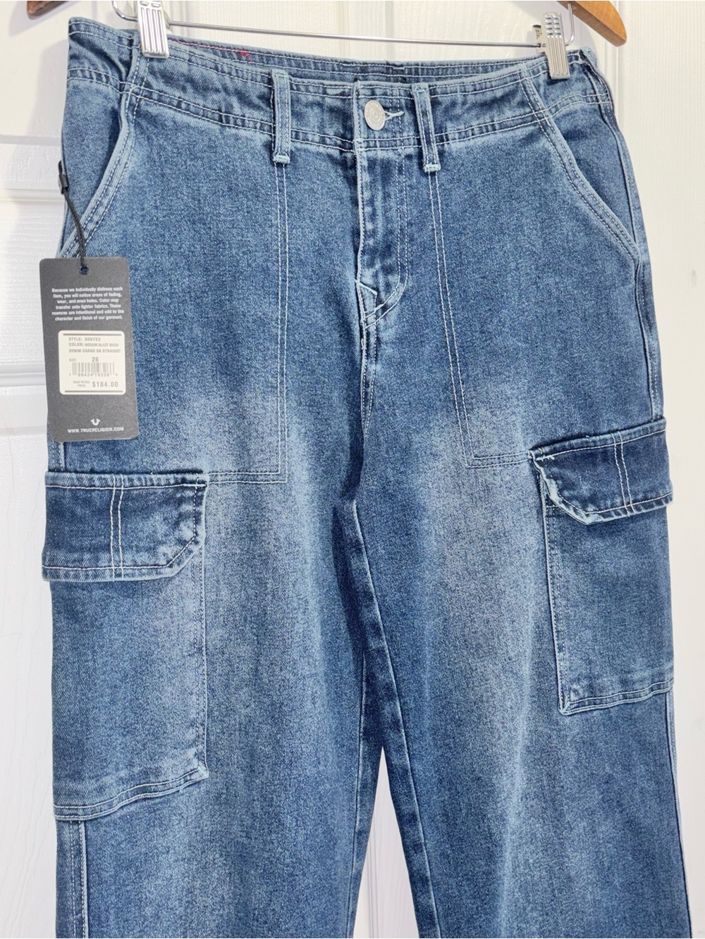 NWT TRUE RELIGION Women's Denim Cargo Jeans Straight Medium Blaze Wash Size 26 - Picture 11 of 16